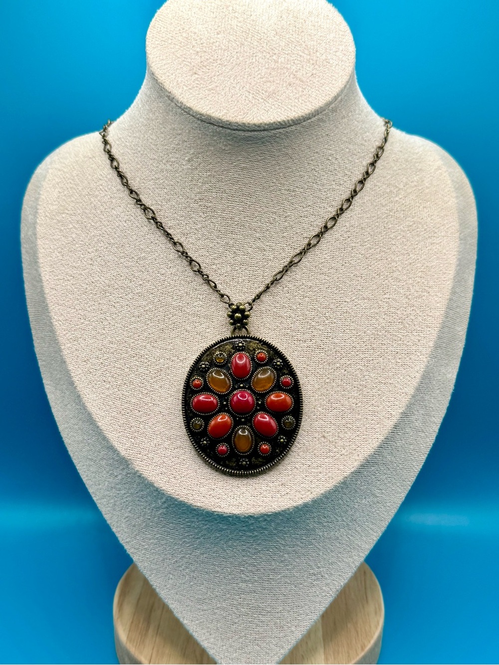 Vtg 70’s Ximara Castro Signed Antique Brass Cabochon Medallion Necklace